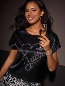 Shutterstock Glamance Áo cánh dơi cổ tròn tay ngắn họa tiết trái tim đính đá cho nữ, trang nhã, mặc đi chơi, mặc thường ngày - màu đen - Xem 4