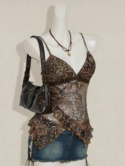 SHEIN ICON Women's Vintage Paisley Print Patchwork Asymmetrical Hem Cute & Sexy Top, Autumn/Winter Leopard Print Top Brown Top For Women Animal Print Top Snake Print Top Women S Tops Dressy