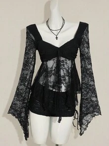 SHEIN ICON 女式甜心领喇叭袖蕾丝时尚上衣 - 黑色 - 查看 4