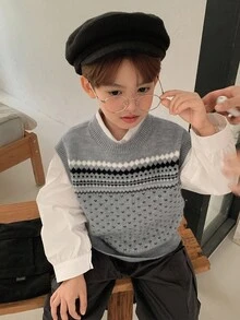 Hapijoa Young Boys Casual Patterned Jacquard Knit Sweater, Japanese Style, Autumn Vest - Grey - View 3