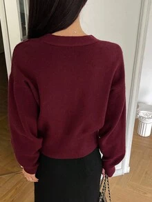 DAZY Women's Casual V-Neck Cardigan, Solid Color, Autumn - Burgundy - View 2