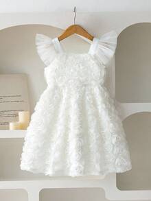 SHEIN Glamorique Kids Girls Elegant 3D Floral Embroidery Cap Sleeve Dress, Princess Style, Suitable For Performance, Party, Birthday, Wedding - White - View 3
