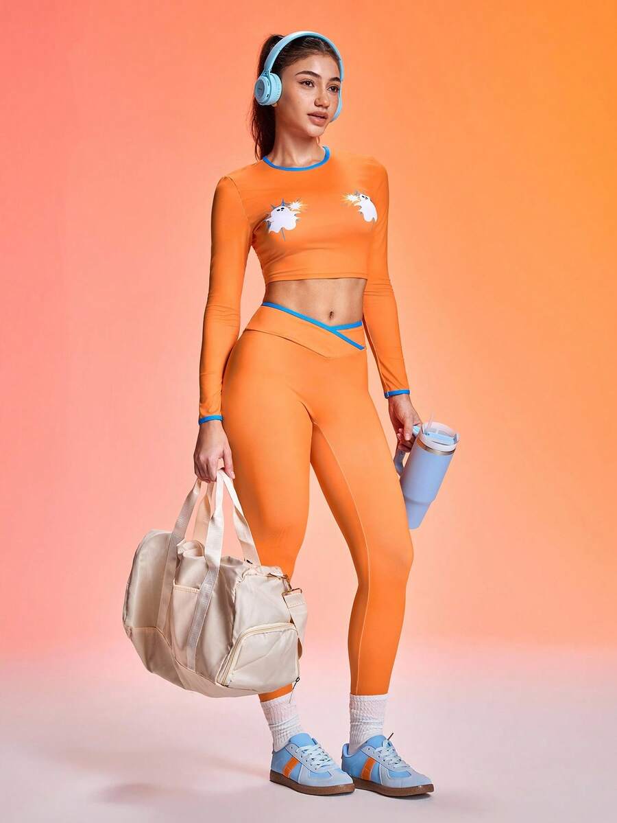 Gameset SHEIN Sport Women's Halloween Ghost & Spider Web Graphic Long Sleeve Sports T-Shirt,Orange And White,Autumn,Athleisure,Gym Workout Yoga Top Activewear Fitness Set - Orange - View 1