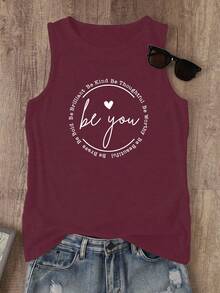 INAWLY 女士心形印花标语背心 大胆、聪明、善良、体贴、值得、美丽、勇敢、做你自己 - 酒紅色 - 查看 3