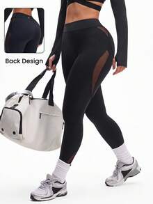 Eassivo Eassivo Women's Black Mesh Panel Active Leggings,Versatile Outdoor Running Fitness Yoga Leggings - Black - View 2