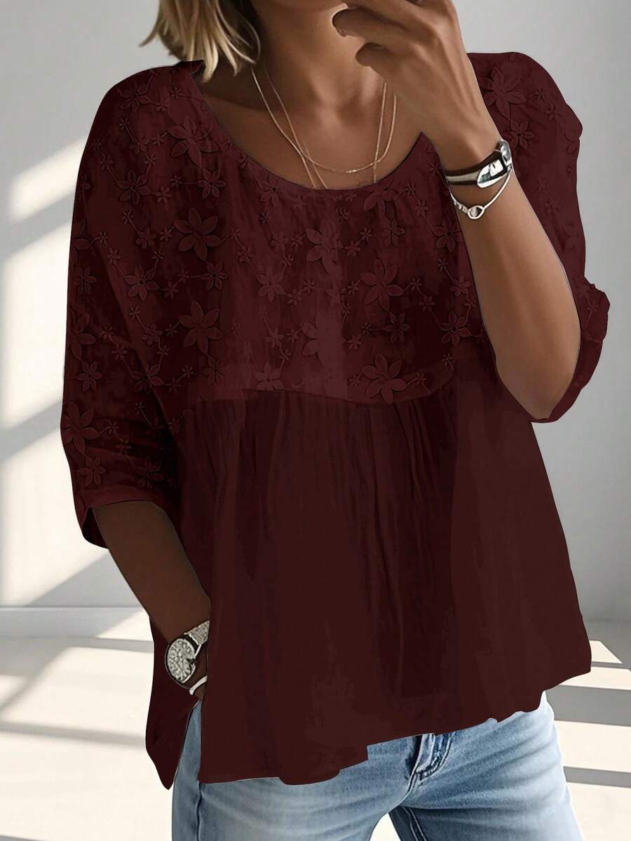 INAWLY 女士时尚休闲提花圆领短袖衬衫