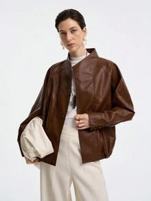 Aalyst Veste  pour femmes, automne/hiver. Style de rue élégant, tenue de bureau décontractée, retour à l'école. Veste vintage de moto avec fermeture à 4 boutons à l'avant, poches latérales, manches raglan, ourlet avec cordon de serrage. Coupe ample et régulière. - Tabac - Voir 5