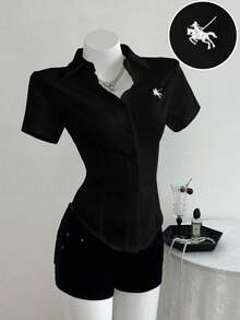 Elamini Embroidered Waist Fitted Short Sleeve Women Shirt - Black - View 1