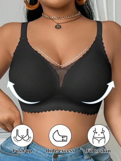 Snug Zone Casual-Comfy Fashionable Minimalist Solid Color Comfortable Seamless Lace Patchwork Wireless Wide Strap Lift Wave Hem Thin Padded Plus Size Women Bra