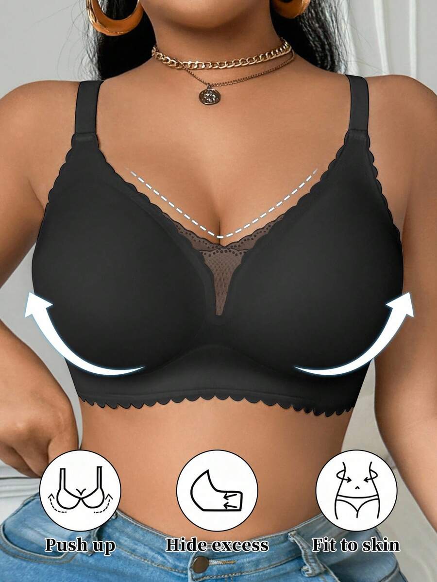 SHEIN Sujetador para mujer de talla grande con diseño minimalista y cómodo, de unicolor, con encaje sin costuras, tirantes anchos, efecto levantador, bajo ondulado y acolchado fino - Negro - Ver 1