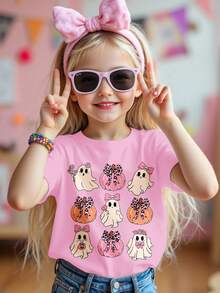 SHEIN Camiseta de manga corta y cuello redondo básica de uso casual con gráficos de Halloween para niña, 3 piezas en colores crema rosa, crema naranja y negro con calabazas lindas, fantasmas, moños y frases de la temporada de miedo, ideal para el otoño y la comodidad - Multicolor - Ver 3