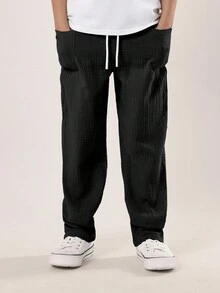 SUMWON 男童褶皱棉质抽绳裤休闲直筒宽松长款日常下装宽松舒适校服四季基本款 - 黑色 - 查看 4