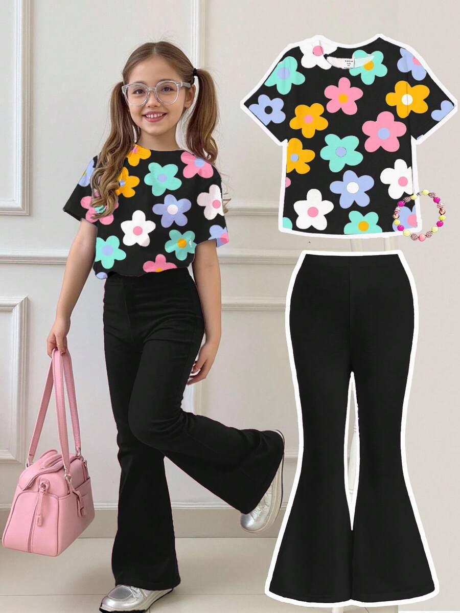 SHEIN Leap Crew 2 pièces Ensemble t-shirt à manches courtes ample avec imprimé floral dopamine et pantalon évasé pour préadolescentes, adapté pour l'été - Multicolore - Voir 1