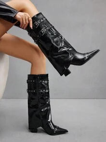 CUCCOO SZL High Shaft Pointed Toe Chunky Heel Side Zipper European And American Fashion Women Boots - Black - View 1