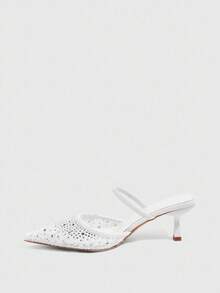 CUCCOO SZL Women's White Rhinestone Embellished Pointed Toe Chunky Heels Pumps - White - View 5