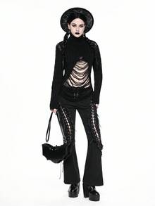 ROMWE Goth 女式哥特式破洞高领毛衣，万圣节 - 黑色 - 查看 8