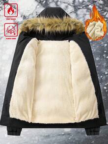 Manfinity Homme Men's Autumn/Winter Furry Trim Thermal Lined Hooded Outdoor Padded Coat, Zip-Up Business Casual Padded Coat, Thick Thermal Lined, Commuter Wear, Black Outerwear Men Winter Coat - Black - View 6