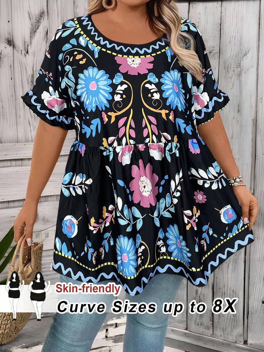 SHEIN CURVE+ 大码印花休闲度假衬衫 夏季/乡村/海滩度假/沙滩装 - 彩色 - 查看 1