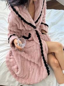 DAZY Women's Textured Fleece Patchwork Hooded Robe, Winter, Fall Fluffy Pajama, Cozy - Pink - View 9