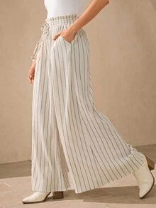 Wildy Fall Country Chic  Outfits Women Casual Comfortable Linen Flared Pants In Apricot Color, Elastic Waistband With Pockets, Suitable For Daily Casual Outings And Vintage Style Wear, Suitable For Summer And Autumn Striped Wide Leg Pants Pleated Wide Leg Pants Striped Pants Wide Leg Summer Pants Summer Pants - Apricot - View 4