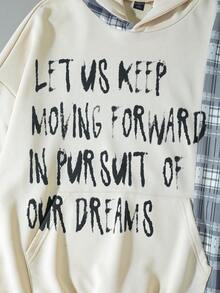 ROMWE MEN Prep Men's Letter & Plaid Patchwork Print Pullover Hoodie - Apricot - View 4