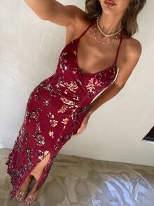 Aloruh Váy maxi hở lưng thanh lịch dành cho nữ, cổ chữ V sâu thêu kim sa, dây mảnh, váy dự tiệc, dạ hội, đám cưới, sinh nhật - Màu Đỏ Sâu - Xem 7