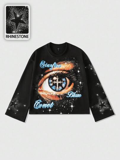 Grunge Punk Herren Oversized Kurzarm Stil T-Shirt mit Augen Muster, Herbst