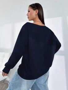 Flirla Women's Casual Everyday Solid Color Asymmetrical Neck Loose Pullover Sweatshirt Fall Cloth For Women - Navy Blue - View 2