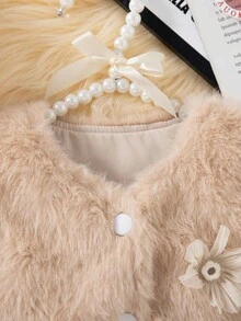 SHEIN Chaleco sin mangas con forro térmico, decorado con flores y moños, para niñas, otoño/invierno