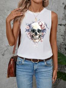 EMERY ROSE Casual And Simple Skull Head Watercolor Floral Pattern Loose-Fit Sleeveless Tank Top For Women, Suitable For Summer Back To School