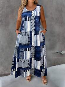 EMERY ROSE Plus Size Round Neck Casual Printed Knit Dress - Multicolor - View 1