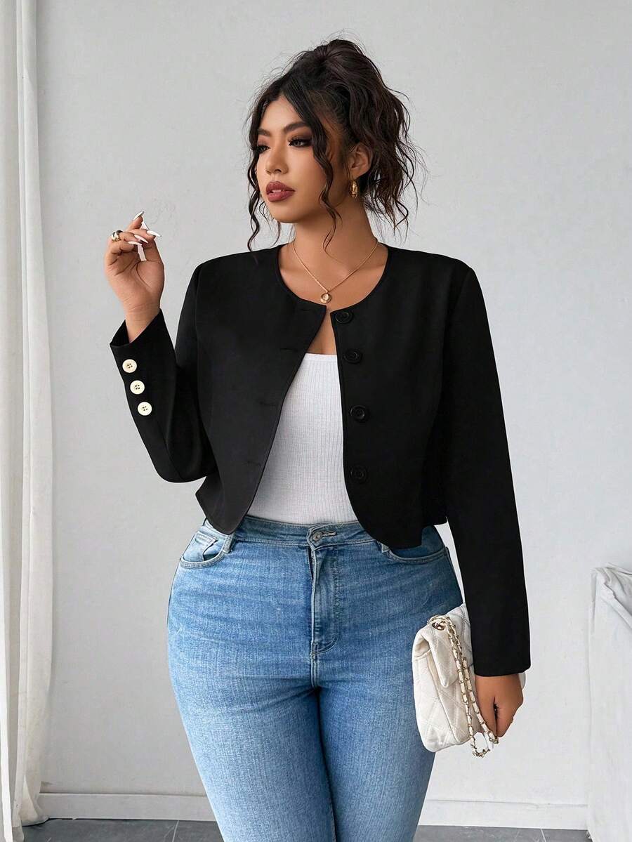 Elenzga Plus Size Black And White Women's Front Open Long Sleeve Jacket,Round Neck Curved Hem Hollow Bowknot,Elegant Office Autumn For Commuting Dates Outings - Black - View 1