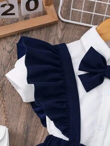 Girls' Navy Academic Style Cap Sleeve Collar Badge 3D Bowknot Shirt And Criss-Cross Flare Sleeve Pleated Suspender Skirt Set Cute School Clothes Uniform