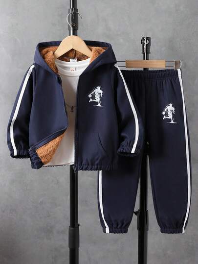 2 件套年轻男孩休闲足球印花纯色长袖羊毛拉链夹克和裤子套装，适合秋冬季日常休闲户外活动