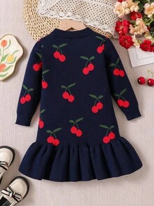 SHEIN Explorewe 女童柔红樱桃提花长袖毛衣裙，可爱时尚，适合秋冬假期 - 藏蓝色 - 查看 2