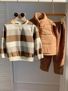 SHEIN Conjunto de 3 piezas para niños pequeños de otoño/invierno que incluye: chaleco acolchado versátil y casual, sudadera a rayas y pantalón largo. Conjunto de pantalón de pana para niños pequeños, conjunto de pana para niños en otoño. - Multicolor - Ver 6