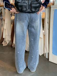 DAZY Teen Girl Straight Leg 7/8 Length Jeans With Bow Embroidery, Sweet Student For Fall - Medium Wash - View 5