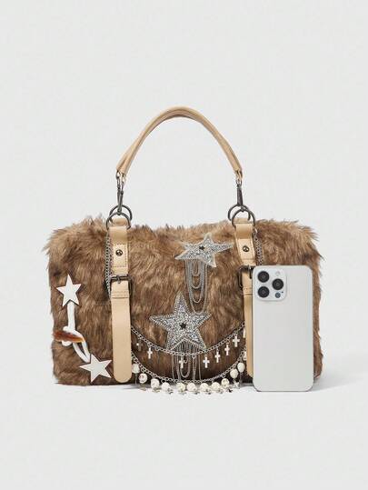 Grunge Punk Brown Star Decor Fashion Street Y2K Style Large Capacity Plush Backpack