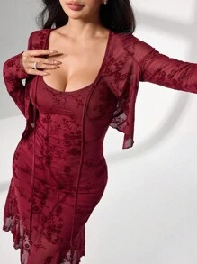 Modelyn Bộ trang phục thanh lịch màu đỏ rượu vang, váy yếm + áo khoác cardigan dài tay, phù hợp cho mùa xuân và mùa thu - Màu Đỏ Sâu - Xem 7