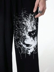 ROMWE MEN Goth Men's Dark Face & Spider Web Print Sweatpants Halloween - Black - View 7