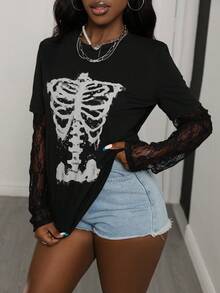 EMERY ROSE Women's Lace Patchwork Long Sleeve Skeleton Print Round Neck Fashion T-Shirt - Black - View 3