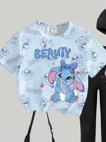 女童休闲可爱卡通蓝色兔子图案字母标语印花短袖T恤和紧身裤两件套 - 彩色 - 查看 5