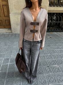 Aloruh 女士秋冬款带扣开衫外套 - 鏽棕色 - 查看 5