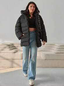 Zip Up Slant Pocket Padded Coat With Fuzzy Trim Fur Hood