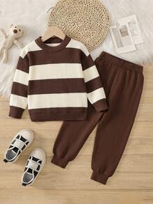 SHEIN Playful Pals Young Boys'Retro Thick-Striped Sweater & Pants Sets - Stylish, Comfortable,Suitable For Autumn/Winter Boys Two Piece Outfit Boys Brown Pants Boys Brown And White Striped Sweater Toddler Boy Clothes Boys Autumn Outfit Fall - Brown - View 3