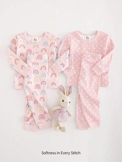 Cozy Pixies 4pcs Baby Girl Snug Fit Pajama Set - Polka Dot, Rainbow, Heart Print Crew Neck Long Sleeve Top And Elastic Waist Long Pants Baby Girl Pajamas Baby Girl Sleepwear Soft Baby Girl Pajamas Rainbow Baby Pajamas Fall Winter