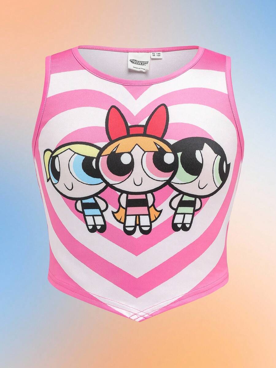 THE POWERPUFF GIRLS X SHEIN 青少年女孩时尚 Y2K 休闲夏季心形和可爱卡通花朵、泡泡、毛茛图案不对称下摆无袖上衣 - 粉色 - 查看 1