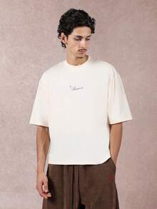 SUMWON 短款修身系列宽松版型基本款T恤，饰有低调的字母印花，简约设计，街头风，优质纯棉，春夏休闲纯色 - 杏色 - 查看 1