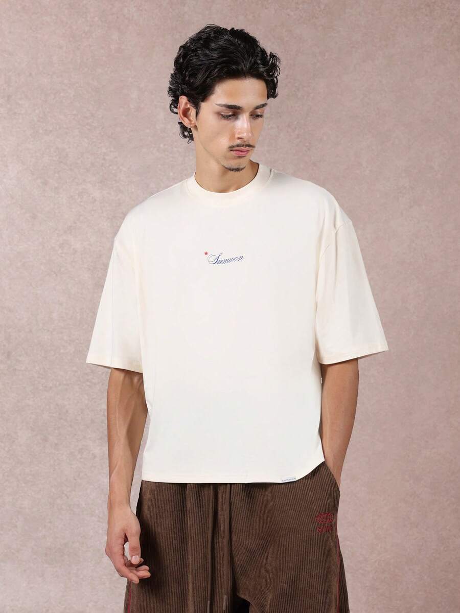 SUMWON 短款修身系列宽松版型基本款T恤，饰有低调的字母印花，简约设计，街头风，优质纯棉，春夏休闲纯色 - 杏色 - 查看 1