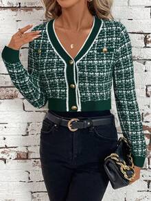 SHEIN Clasi Cárdigan corto ajustado y ligero con ribete de contraste elegante para mujeres, ropa de otoño e invierno